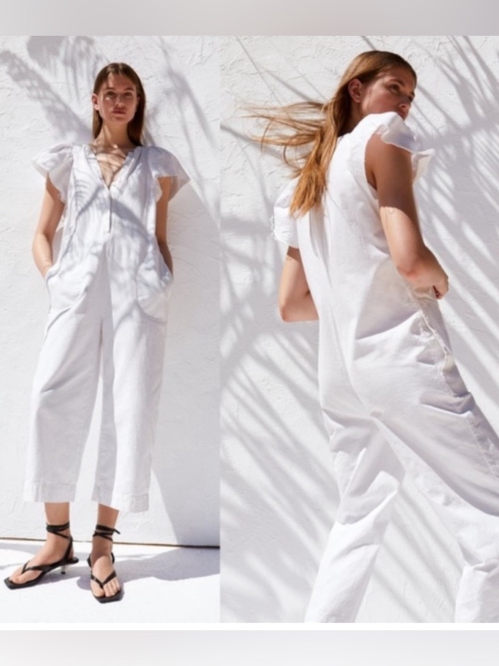 Zara Women’s Rustic White Linen cropped Jumpsuit with raw Flutter Sleeves size M